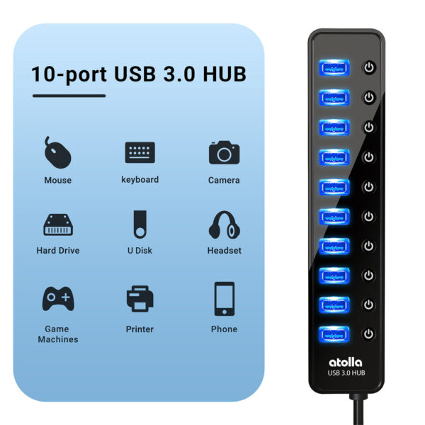 Atolla 10 Port Powered Usb 3.0 Hub With Three Pin Adapter