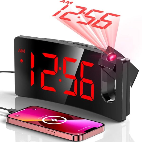 GOLOZA Projection Alarm Clock, Digital Clock with Modern Curved Design 180° Rotatable Projector, 3-Level Brightness Dimmer, Clear Blue LED Display, Progressive Volume, 9mins Snooze,12/24H, for Bedroom