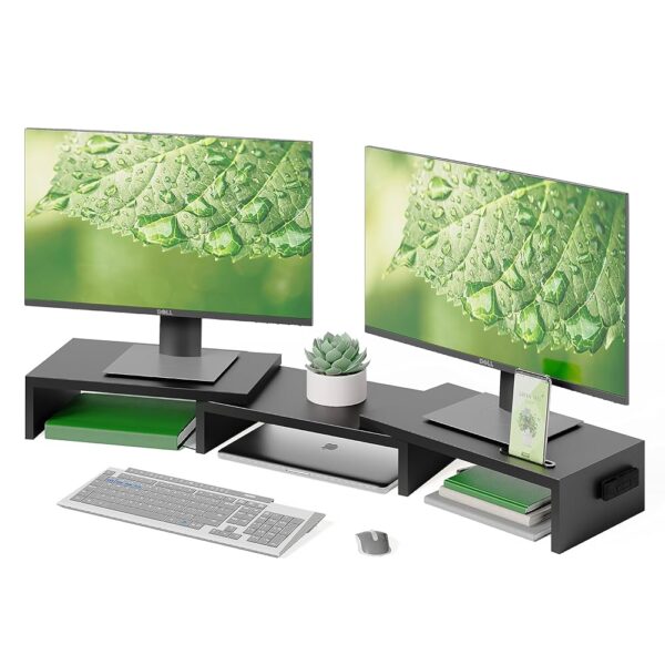 BONTEC Dual Wooden Monitor Stand with Groove, Adjustable Length and Angle for Portable Monitor and Desktop PC Monitor