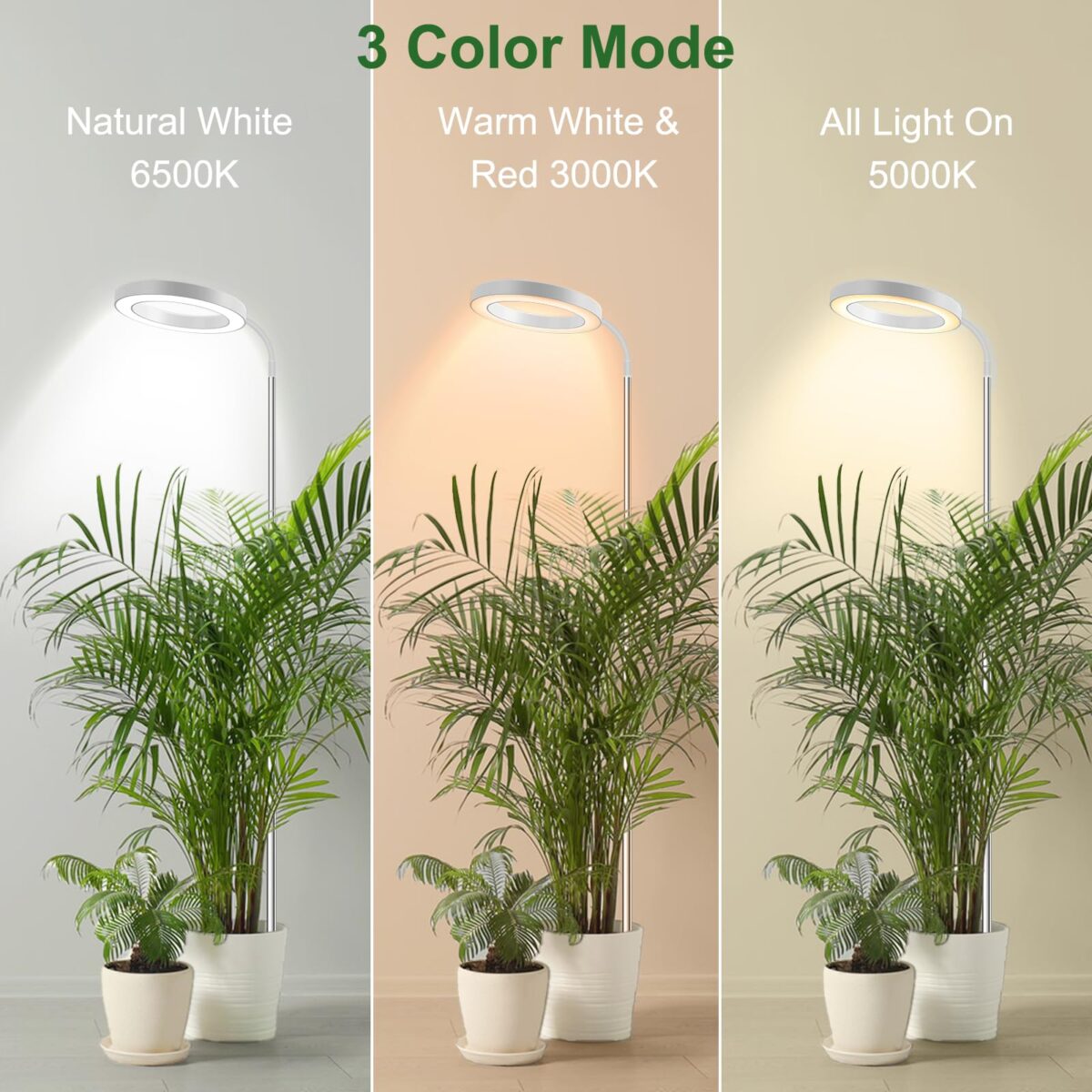 wolezek Grow Light, 80 LEDs Grow Lights for Indoor Plants Full Spectrum, 65in Plant Lights Indoor, 3 Colors LED Grow Light with 360°Gooseneck, 6/12/16H Timer, 5 Brightness, Height Adjustable, White [Energy Class F] - Image 3