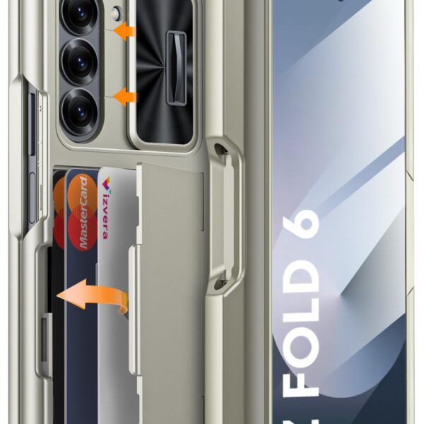 Vizvera for Samsung Galaxy Z Fold 6 Case RFID Wallet with Cards Holder [S Pen Holder] [Camera Cover] Shockproof Silicone Protective Phone Case for Z Fold 6 2024-Natural Titanium
