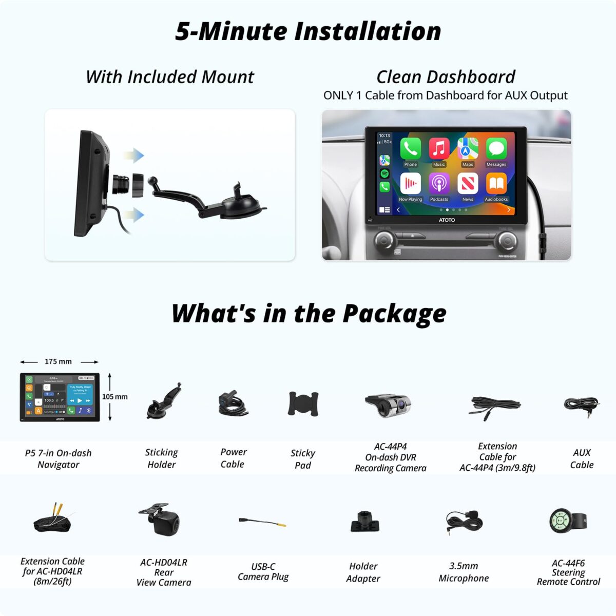 ATOTO P8 7 inch Touchscreen Portable in-Dash Navigation, Wireless Carplay & Wireless Android Auto, with HD 1080P Front Dash Cam, WDR & Auto Dimmer, Remote Control, Support up to 128G SD, P807SD-FC - Image 5