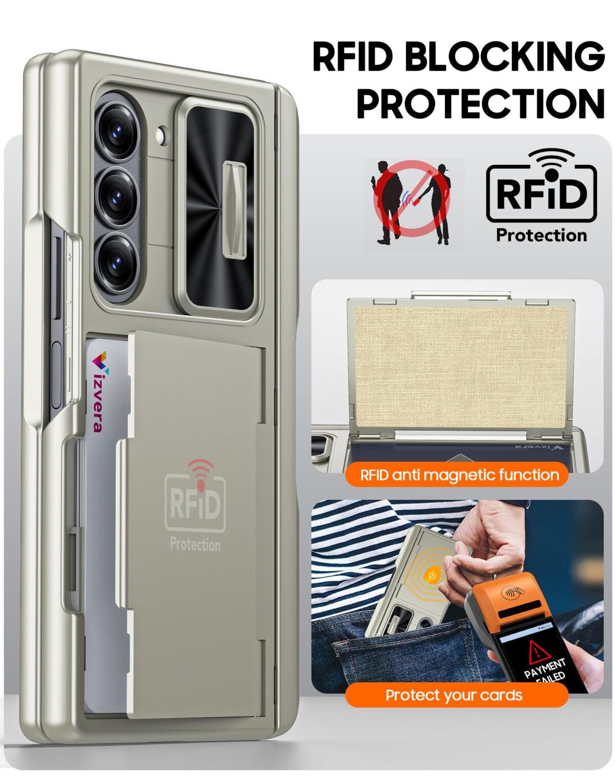 Vizvera for Samsung Galaxy Z Fold 6 Case RFID Wallet with Cards Holder [S Pen Holder] [Camera Cover] Shockproof Silicone Protective Phone Case for Z Fold 6 2024-Natural Titanium - Image 2